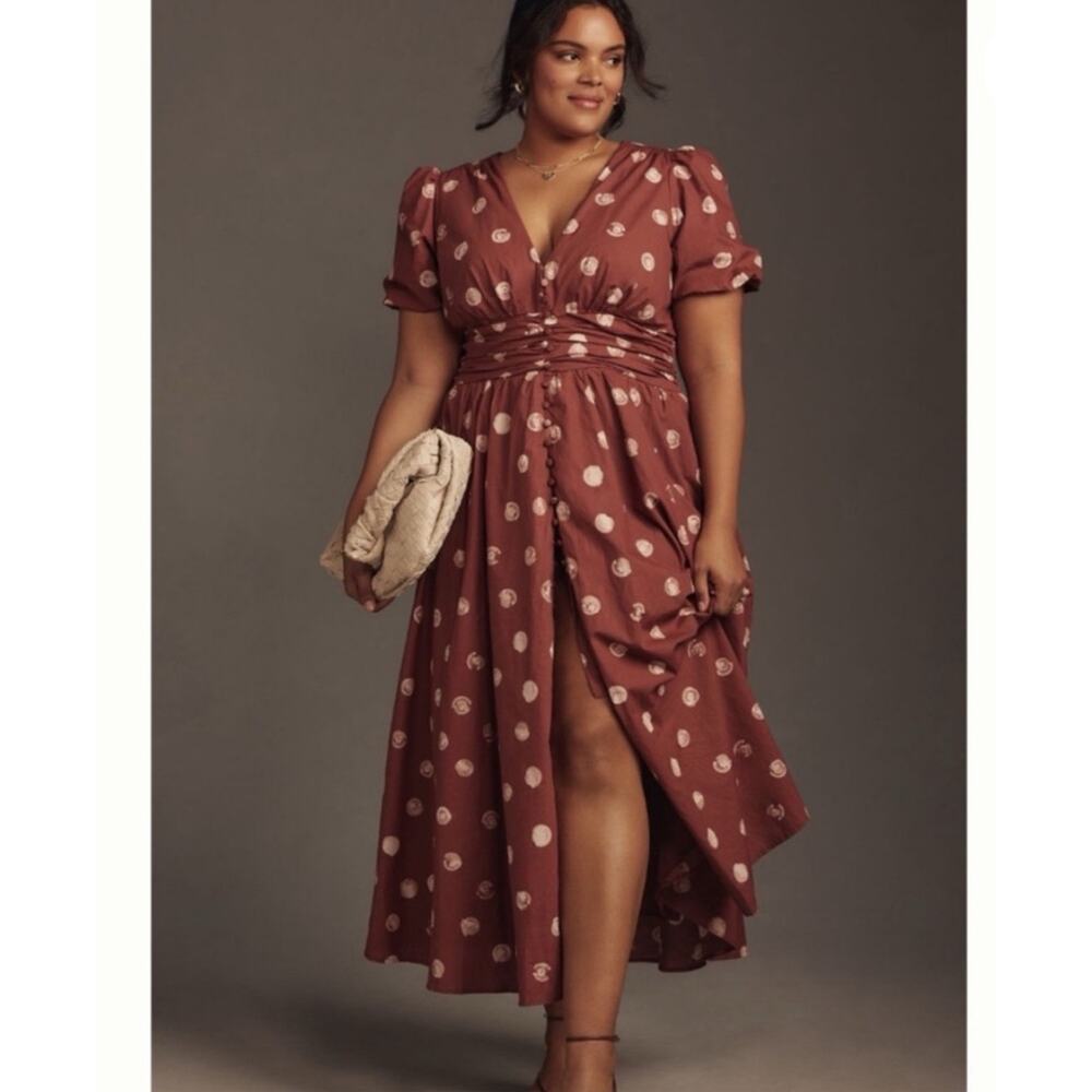 Anthropologie Rust-Brown Polka Dot Maxi Dress